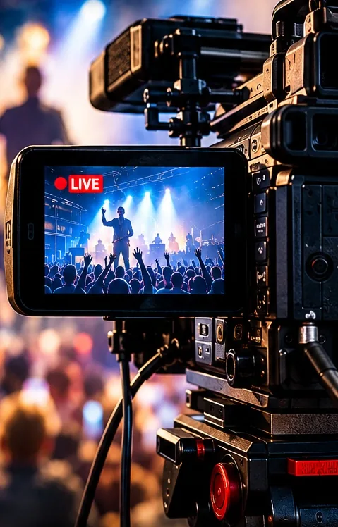 Broadcast camera at a live concert with the LIVE indicator on its monitor